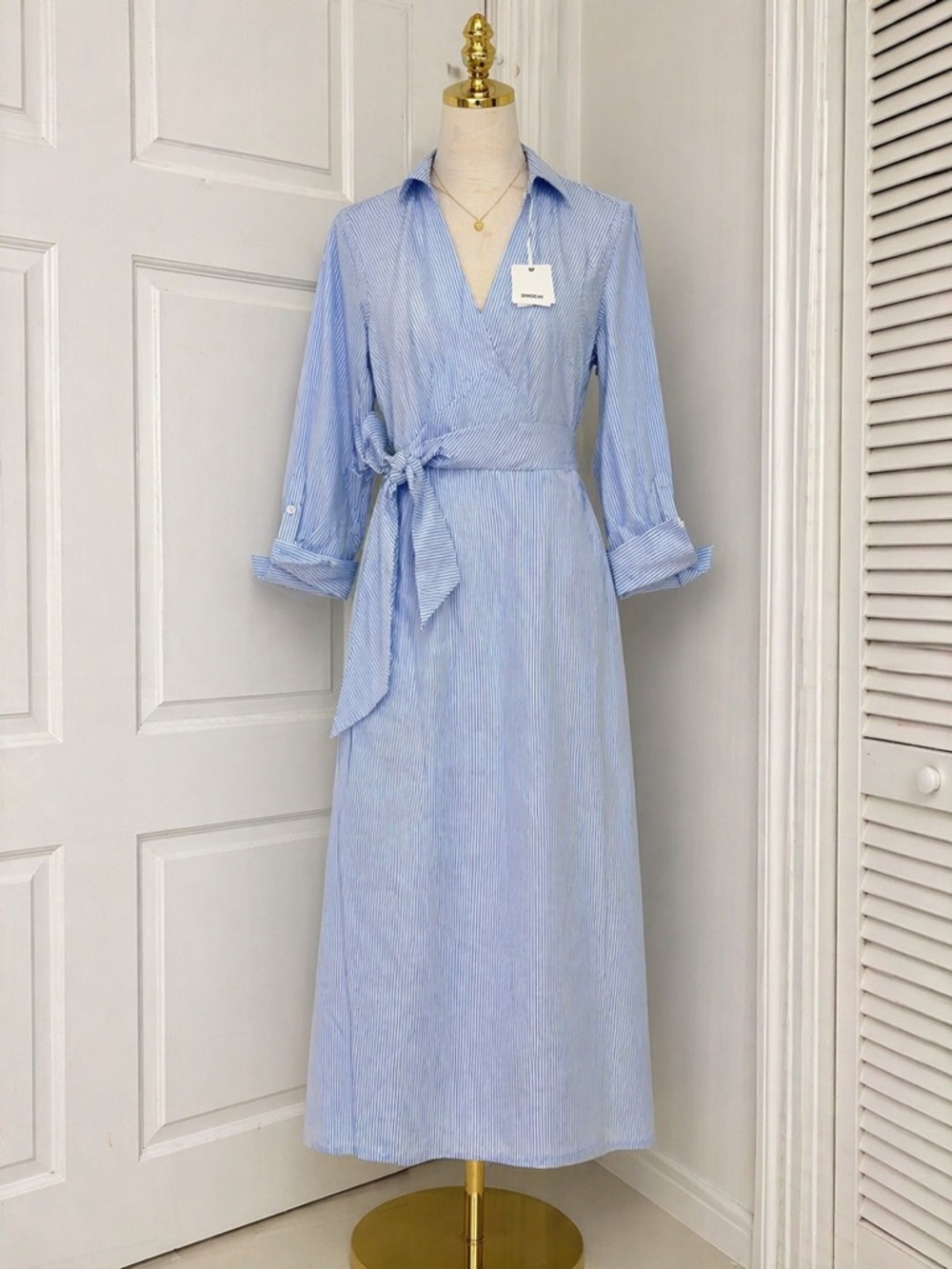 SIMKHAI  Light Blue and White Striped Wrap Maxi Shirt Dress
